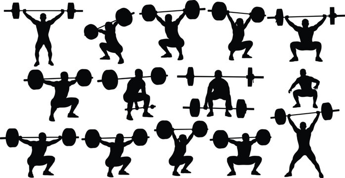 Weightlifting silhouette set, professional bodybuilder lifting barbell icons, strength training poses, gym workout vector, athlete powerlifting, olympic s silhouettes, bodybuilding fitness, collection