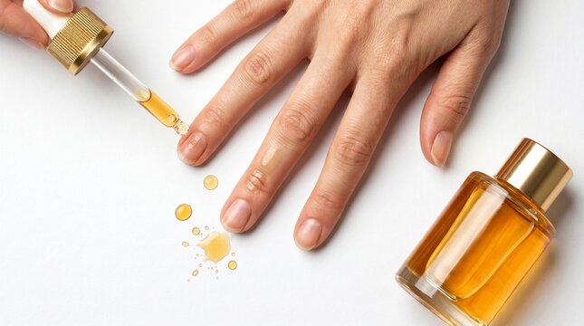 Woman applying cuticle oil with dropper on fingernail. Natural skincare treatment for nail health and hydration. Cosmetic routine for hand care, manicure maintenance and beauty therapy.