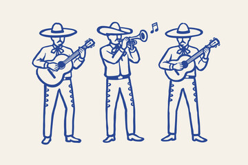 Mariachi band doodle vector illustration with guitar and trumpet players in hand drawn Mexican folk style © Saad Hassan