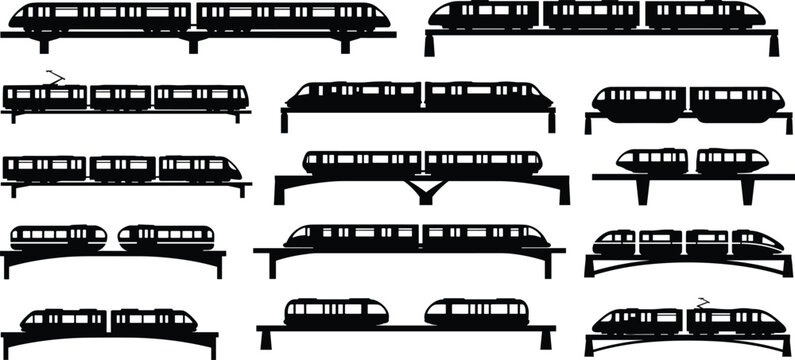 Set of modern sky train silhouettes, futuristic monorail on elevated tracks, urban transit commuter rail icons, high speed city transport vectors for design.
