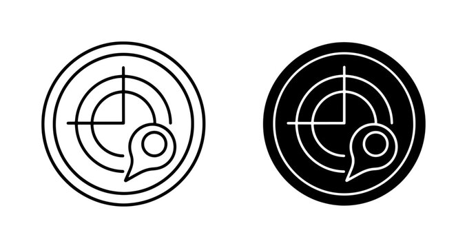 Radar Icon Set, Location Pin Symbol, Navigation Target, Search Technology, Map Pointer, Vector Graphics