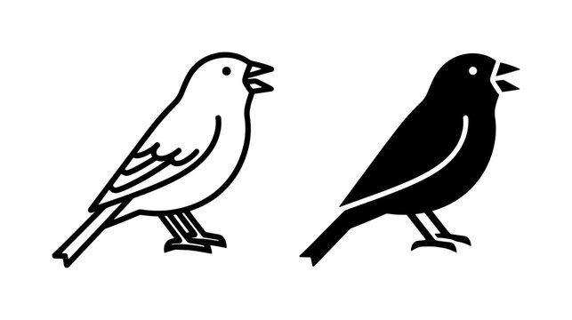 Chirping Bird Icons, Simple Line Art and Solid Silhouette, Vector Graphics for Nature and Wildlife Themes