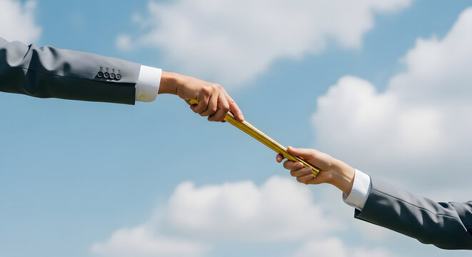 Two business people passing golden relay baton in sky