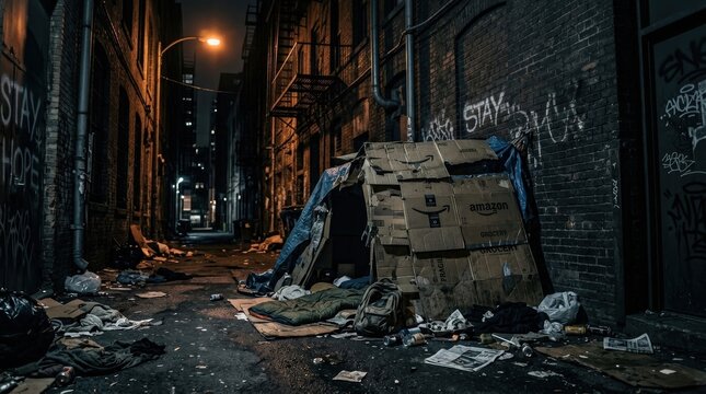 Homeless makeshift shelter in graffiti-covered urban alley at night with dim lighting