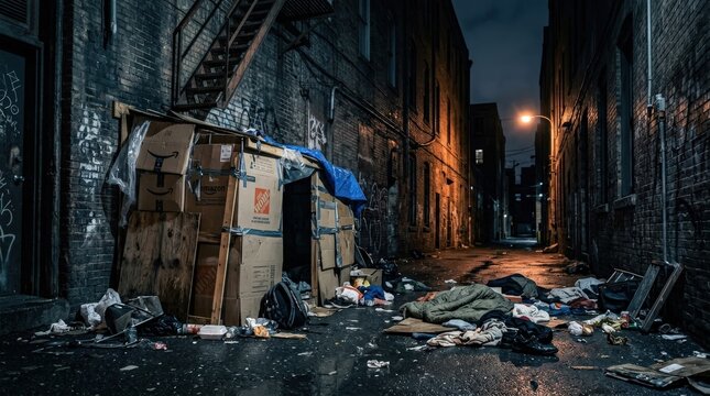 Abandoned urban alley with makeshift cardboard shelter at dusk in moody lighting