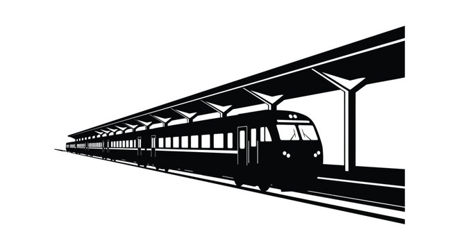 A long passenger train is depicted at a station platform rendered in stark black and white silhouette high quality professional detailed