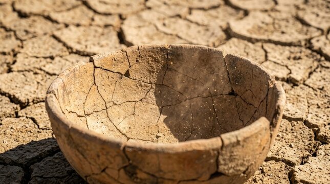 Broken terracotta bowl with cracks on dry desert ground under sunlight