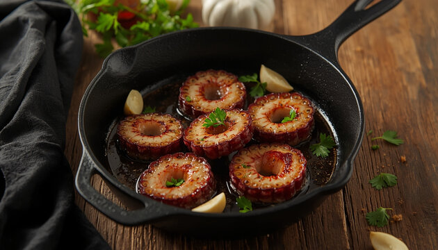 Seared octopus tentacles with garlic and herbs rustic cast iron skillet