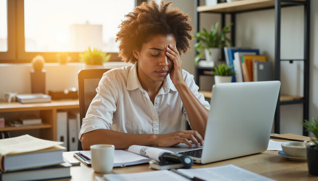 Stressed black woman rubbing eyes while working at the desk with laptop  