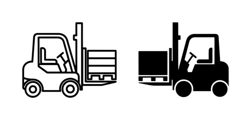black and white vector icons of a fork lift truck with pallets on board © Rafia