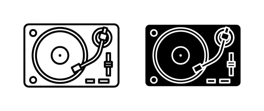 black and white line art icon pack featuring a vector silhouette of two turntables with vinyl records on top one in black color scheme and another in