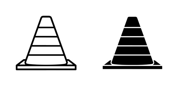 vector traffic cones set black and white outline icons on a white background