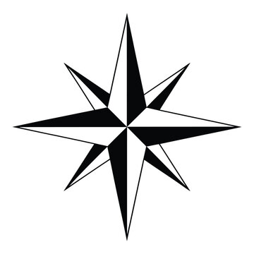 A striking black and white star compass rose design showcasing navigational direction as a silhouette