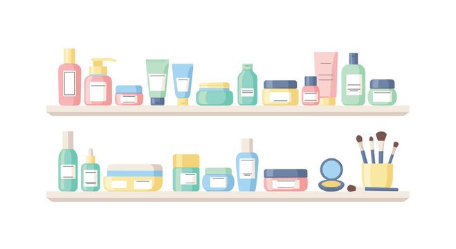 Two simple white shelves feature a wide variety of pastel-colored cosmetic containers including tubes, jars, and a set of professional black makeup brushes.