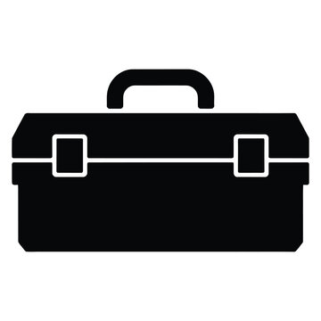 A simple black graphic depicts a closed rectangular toolbox with a handle a distinct silhouette