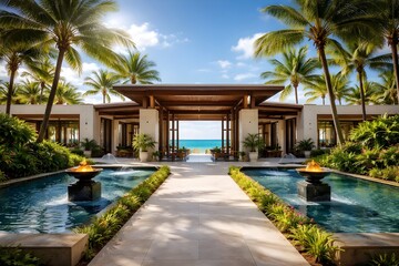 Fototapeta premium Luxury Tropical Resort Entrance with Ocean View