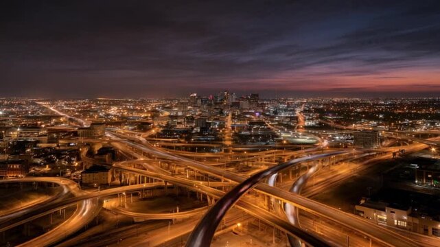 Cityscape view of lighted freeway overpasses leading to a lit city skyline at dusk