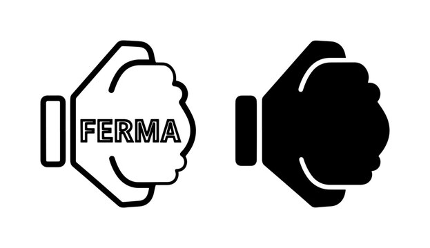 black and white silhouette vector icon of hand with word 'ferma' on it isolated on white background