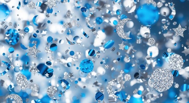 a close up of blue and silver confetti on a white background for new years eve celebration party blu