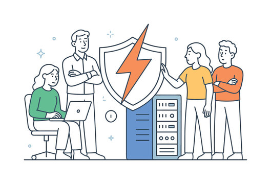 A cybersecurity and data protection scenario where a company safeguards sensitive information from sudden digital threats, represented by a minimal composition of a