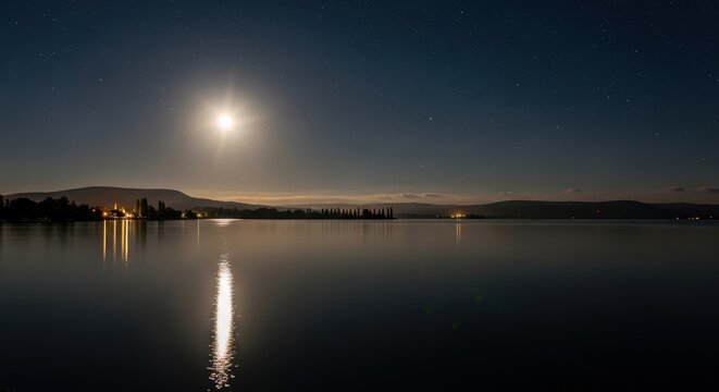 a serene lake under a bright moon with mountains in the background at night time with calm water ref