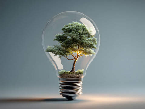 A healthy green tree grows inside a clear glass light bulb surrealism disguise