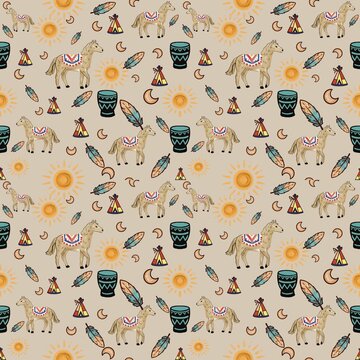  Boho Tribal Seamless Pattern Cute Camel Feather Sun Ethnic Decorative Background
