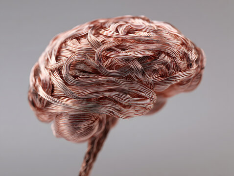 Sculptural copper wire brain form with intricate convolutions and brainstem
