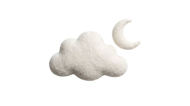 White Fluffy Cloud and Crescent Moon Isolated on Transparent Background, Png.