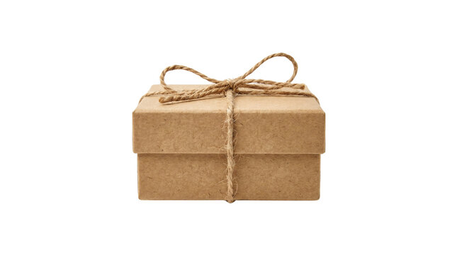 Brown Kraft Cardboard Box Tied with String Isolated on Transparent Background, Png.