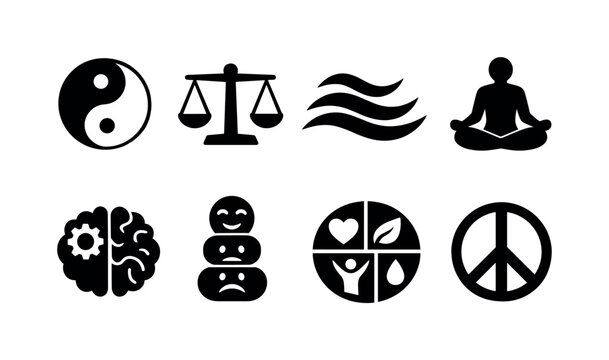 Emotional balance: yin yang, scale balance, breathing waves, meditation pose, brain harmony, mood chart, wellness circle, peace symbol.