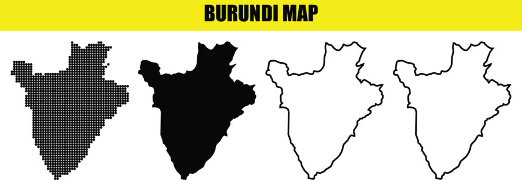 Four variations of burundi map outlines, including dotted, solid, and linear styles