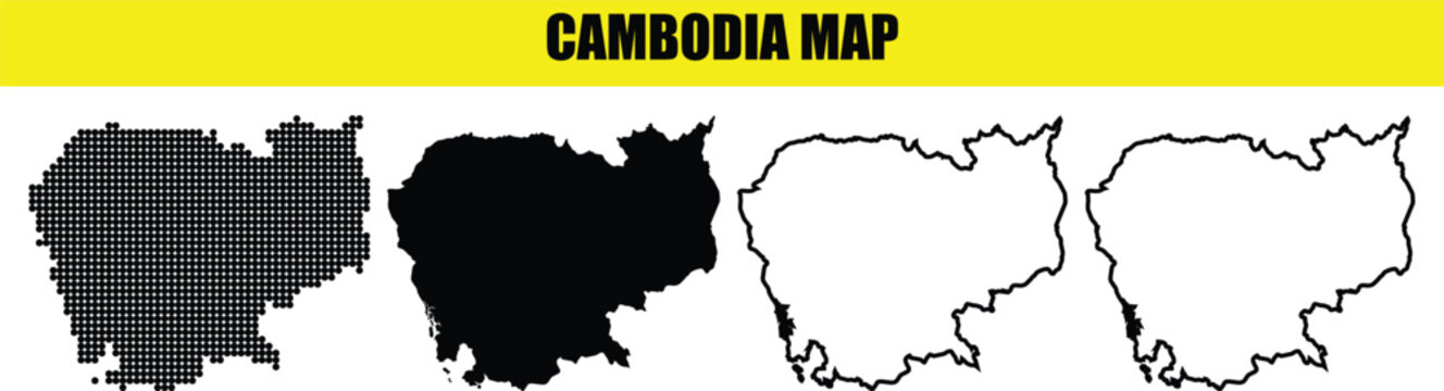 Four variations of cambodia map outlines, including dotted, solid, and line styles