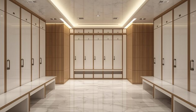 A clean and modern locker room with light wood and white lockers, featuring benches and a bright tiled floor.