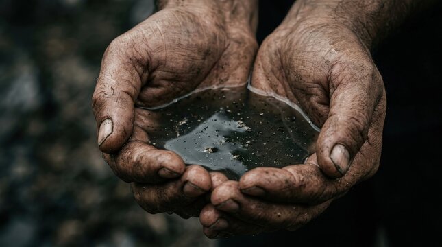 Dirty hands holding black contaminated water sample in natural environment