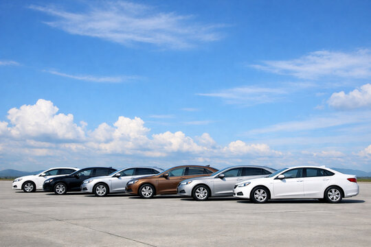 Row of different colored cars parked on a concrete surface under blue sky