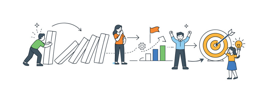 Cause and effect and chain reactions in a business or life context where one action leads to a sequence of outcomes, represented by a clear visual metaphor of domino