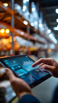 Close up of a hand holding a tablet managing logistics and inventory control in a bright large cold chain storage warehouse the tablet showing temperature monitoring data and the