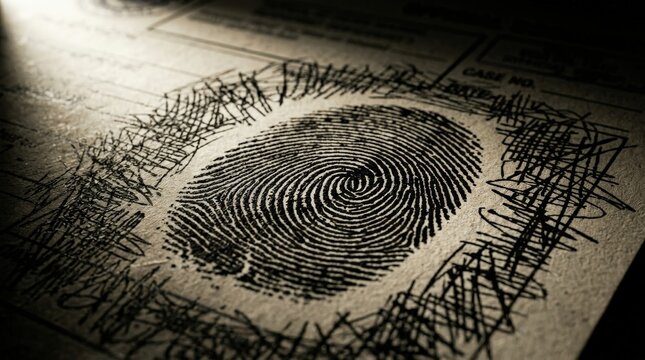 High-detail black ink fingerprint pattern on white paper with forensic analysis sketch background