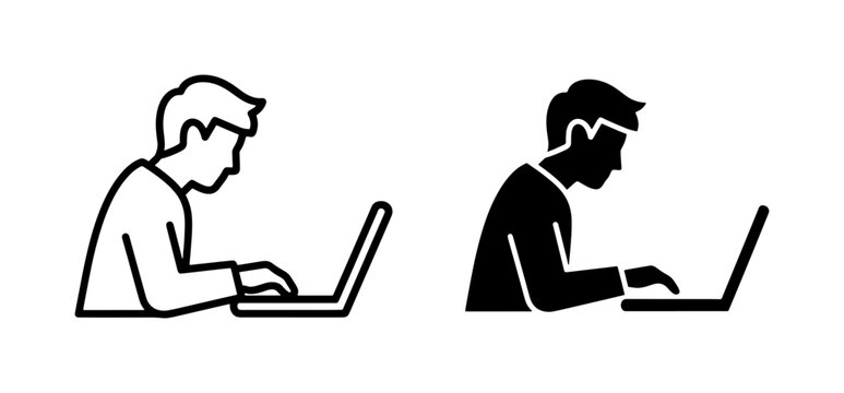 vector silhouette set of two individuals using computers one with hair and beard both in black outlines against white background