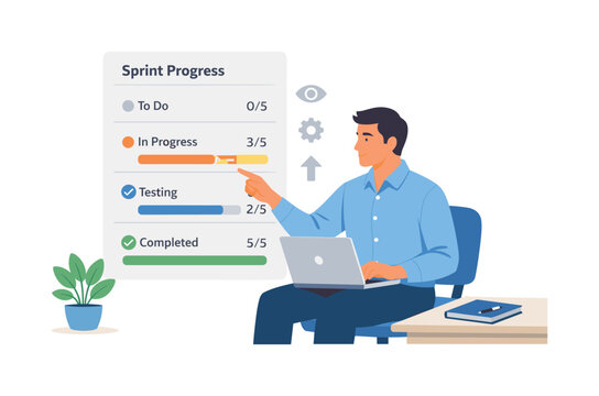 A professional maintaining clear sprint progress tracking in a structured routine, seated with a laptop while interacting with a simple progress panel with incremental