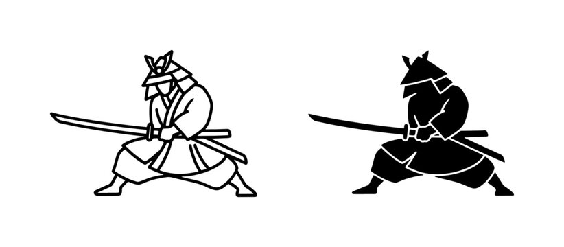 minimalist black and white vector icons of samurai warriors with katana swords isolated on a plain background