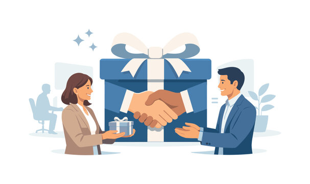 Corporate gifting and professional relationship building theme where colleagues exchange presents as a gesture of appreciation and goodwill in a business environment,