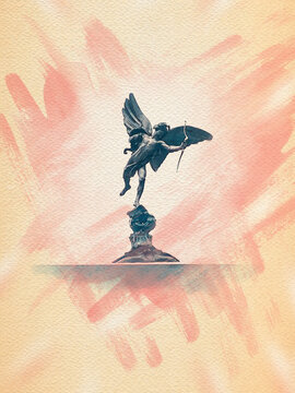 Cupid monument Picadilly circus in London watercolour pattern travel colorful illustration