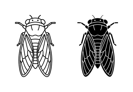 a set of black and white outline cicada icons on a white background