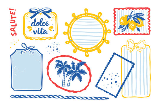La Dolce Vita vintage posters Italy Mediterranean lemon palm tree nautical frames illustration set ink line hand drawn sketch doodle style