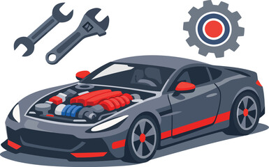 Naklejka premium Modern Sports Car with Visible Engine, Wrenches and Gear Flat Vector Illustration