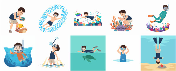 Set of cartoon boy characters enjoying various underwater activities including snorkeling, scuba diving, and swimming with marine life © Haimura