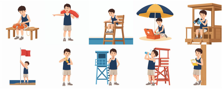 Collection of young boy lifeguard character illustrations performing various beach safety and rescue duties