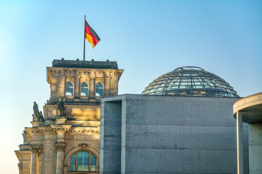 Germany,Berlin - March-09-2025, the Reichstag Building and the Paul-L&ouml;be-Haus at the river Spree